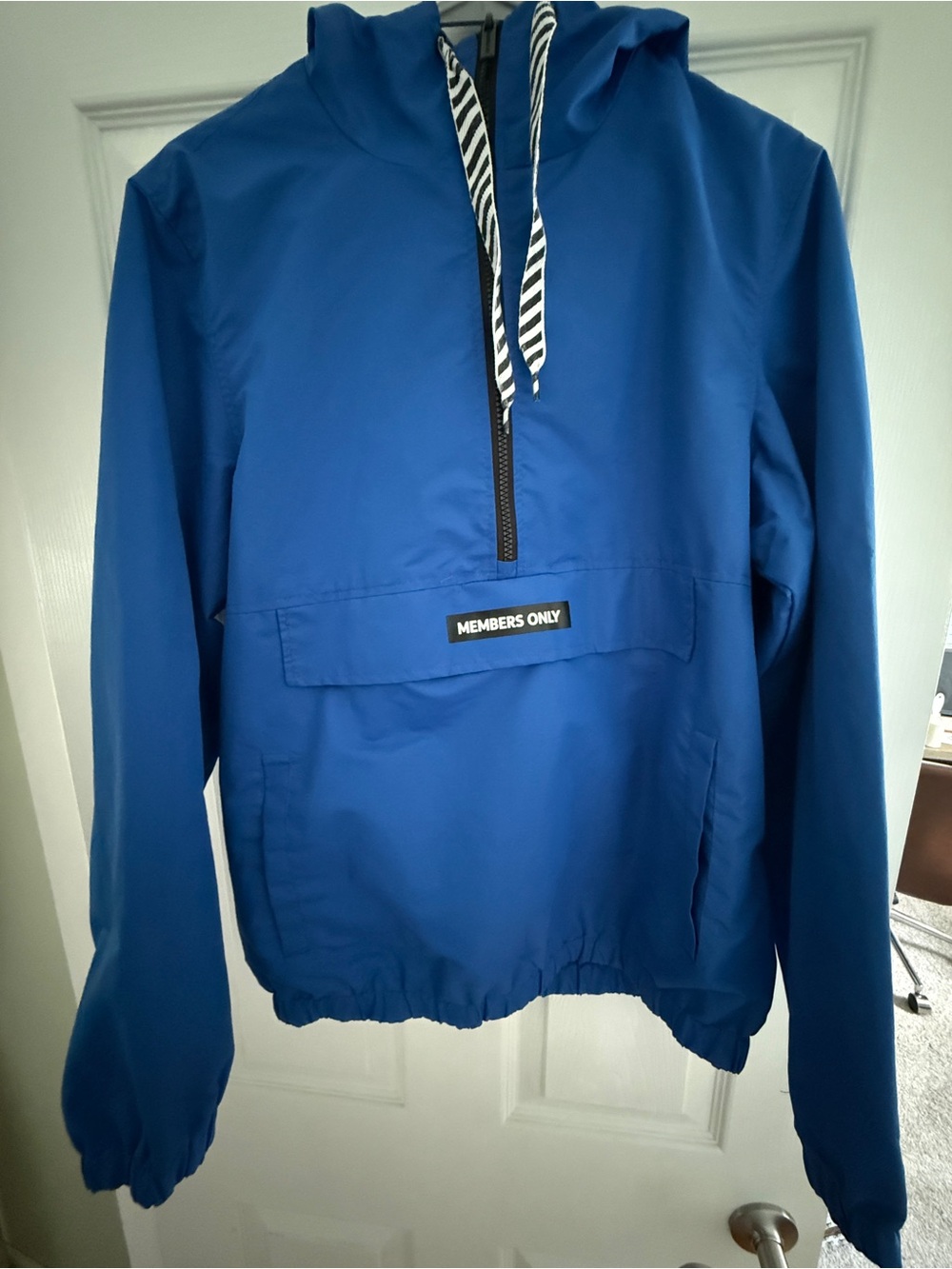 Members Only Blue Windbreaker Jacket with Zebra Drawcord
